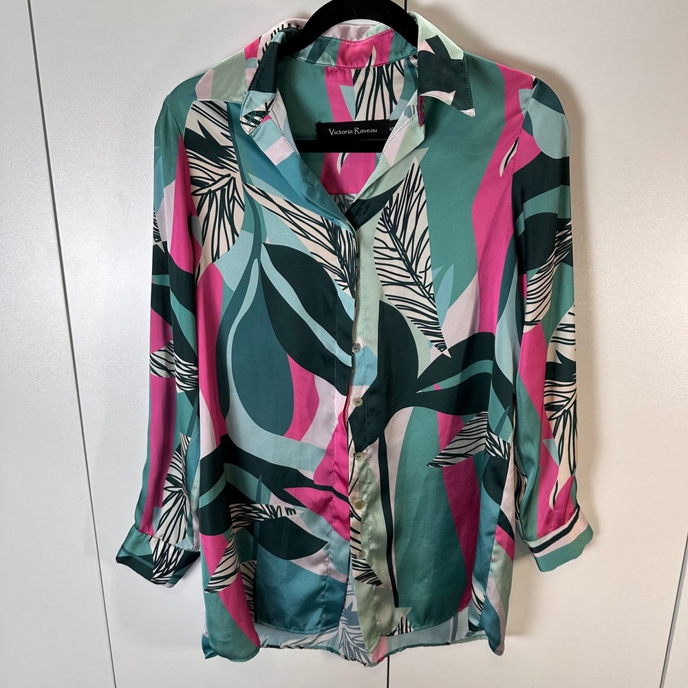 Victoria Raveau Womens S Green Pink Abstract Tropical Leaf Satin Blouse Boho